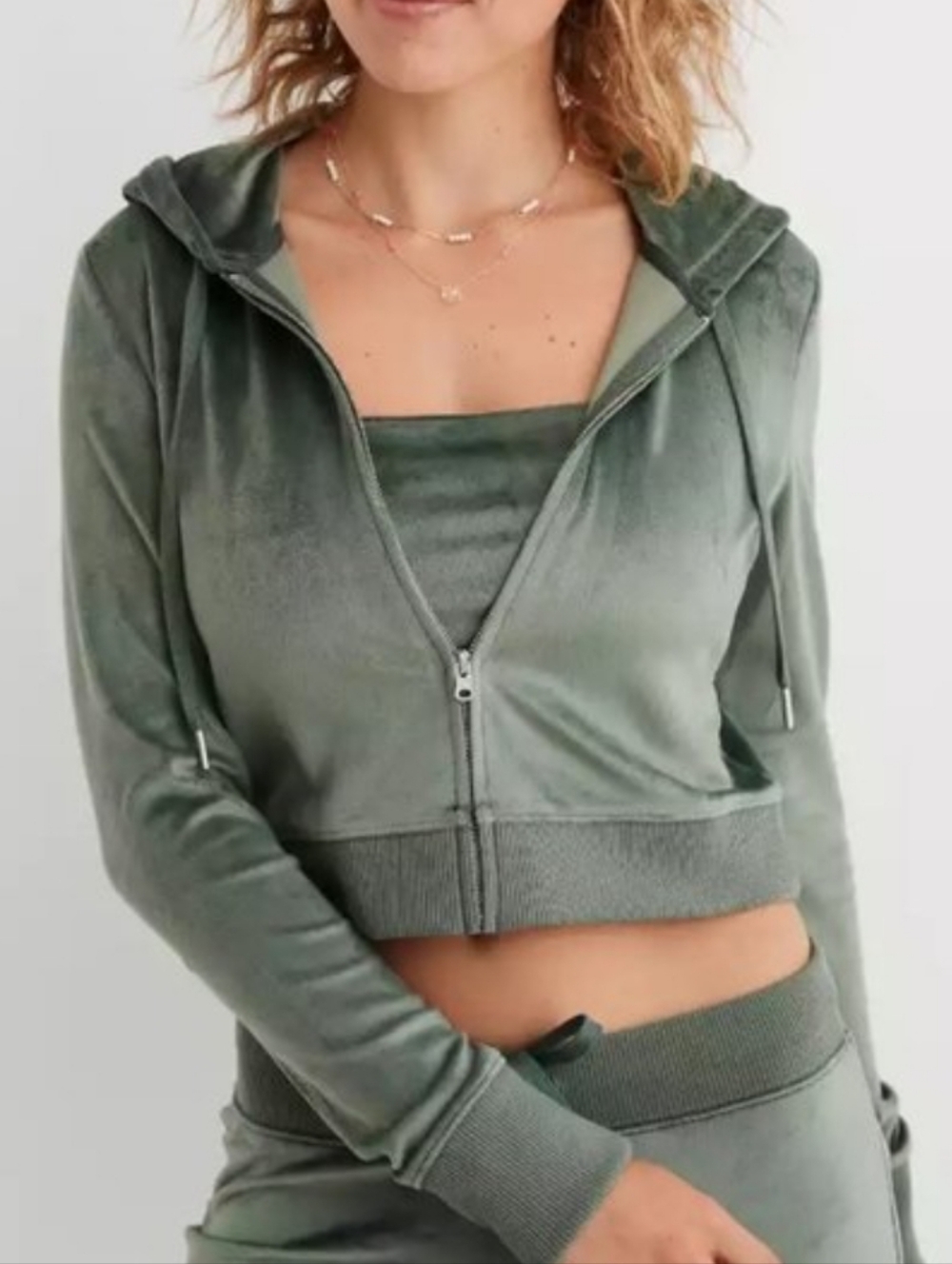 aerie Velvet Zip-Up Hoodie - Sage Green